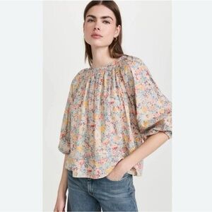 THE GREAT The Patio Top Floral 100% Cotton Peasant Blouse Sz 1 Small